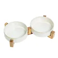 Support de gamelles doubles en céramique blanche et bois naturel pour chats et chiens - Bol à Eau Blanc Glacé au Four Avec Support Double