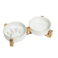 Lot de deux gamelles en céramique pour animaux avec anti-glouton et support bois - Bol Mangeoire Lente & à Eau Blanc Glacé au Four Avec Support Double
