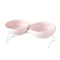 Juego de cuenco doble elevado de cerámica rosa con soporte de metal blanco para gatos y perros - Cuenco Doble Con Soporte / Rosa Brillante
