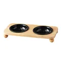 Doppie ciotole in ceramica nera con supporto in legno per gatti e cani piccoli - Doppia Ciotola con Supporto / Stile Nero Lucido