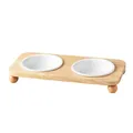 Doppia ciotola in ceramica bianca per animali con supporto rialzato in legno e piedi a sfera - Doppia Ciotola con Supporto / Stile Bianco Solido