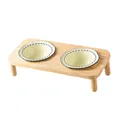 Modern double ceramic pet bowls with wooden stand and elegant black dashed rim details - Rice White Bowls (Pair) With Oak Stand
