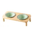 Dual pet ceramic bowls with light green finish and wooden stand for cats and small dogs - Green Bowls (Pair) With Oak Stand
