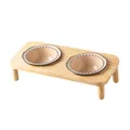 Minimalist ceramic double pet bowls with a sturdy wooden stand for cats and small dogs - Khaki Bowls (Pair) With Oak Stand