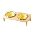 Double ceramic pet bowls with wooden stand in light yellow and minimalist stitch pattern - Milk Yellow Bowls (Pair) With Oak Stand