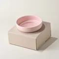 Minimalist pink ceramic pet bowl with smooth glazed finish on a cardboard stand - Single Bowl And Stand / Rose Pink