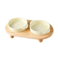 Double cream ceramic pet bowls with minimalist wooden elevated stand for cat neck protection - S / Cloud Double Ear Bowl And Oak Double Stand / Glossy Cream White