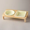 Oak wood stand with square and round cream ceramic pet bowls for cats and dogs - Square Round Double Bowls Oak Stand (Cream Yellow)
