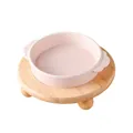 Pink ceramic pet bowl with handles and elevated wooden tripod stand for cats and dogs - S / Cloud Double Ear Bowl And Oak Single Stand / Shiny Pink