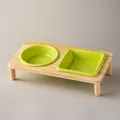 Double pet bowl set with fruit green round and square ceramic bowls on oak stand - Square Round Double Bowls Oak Stand (Cream Green)