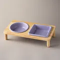 Double pet bowl set with elevated oak stand and two purple ceramic dishes for cats and dogs - Square Round Double Bowls Oak Stand (Taro Purple)