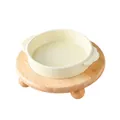 Minimalist beige ceramic pet bowl with double handles and round wooden stand - S / Cloud Double Ear Bowl And Oak Single Stand / Glossy Cream White