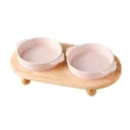 Minimalist double ceramic pet food bowls in pink with elevated wooden stand - S / Cloud Double Ear Bowl And Oak Double Stand / Shiny Pink