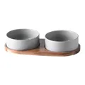 Minimalist double ceramic pet bowls with premium acacia wood tray base in grey matte finish - 13cm / Double Acacia Wood Tray Style / Gray