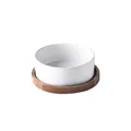 Minimalist white ceramic pet bowl with natural round acacia wood tray stand - 15.5cm / Single Acacia Wood Tray Style / White