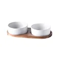 Minimalist double white ceramic pet bowls with a solid acacia wood tray base - 13cm / Double Acacia Wood Tray Style / White