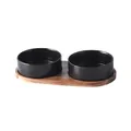 Dual matte black ceramic pet bowls with a minimalist oval acacia wood serving tray base - 13cm / Double Acacia Wood Tray Style / Black