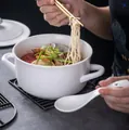 Japanese style white ceramic soup bowl with handles and matching ceramic spoon set - White Style With Lid And Spoon