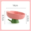Pink tulip flower-shaped ceramic elevated pet bowl with green stem base for cats and dogs - Slanted Mouth Style / Pink