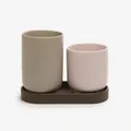 Minimalist macaron ceramic utensil holder set with pink cup, grey tube and dark tray - Dual Crock With Oval Tray (Oval Tray Set)