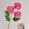 Artificial 3-head deep pink peony spray with green leaves for home decoration - Rose Red