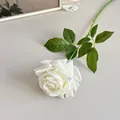 Single white artificial moisturizing rose with natural texture and green leaves - Cream