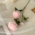 Artificial pink ranunculus branch with two open blossoms and one bud for home decor - Single Stem Multiple Heads / Pink