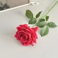 Single long-stemmed artificial red rose with realistic silk petals for home decor - Red