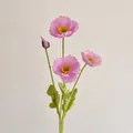 Pink artificial poppy flower with three silk blooms and one bud on a flocked green stem - Purple