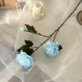 Artificial light blue ranunculus flower spray with two blooms and one small bud - Blue