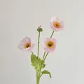 Pink artificial poppy stem with three blooming flowers and soft flocked green leaves - All Pink