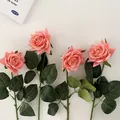 Set of four realistic artificial pink roses with long green stems for home decoration - Orange