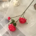 Pink artificial ranunculus spray with two silk blooms and one bud for home decor - Rose Red