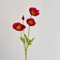 Realistic artificial red poppy stem with three open flowers and one bud for home decor - Red