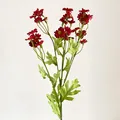 Artificial bouquet of deep red daisies with yellow centers and green serrated leaves - Red