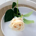 Elegante kunstmatige fluwelen roos in champagnekleur met groene bladeren en steel - 7.5cm / Fluweel Roos Champagne