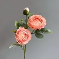 Artificial oil painting peony branch with pink-orange gradient petals and green leaves - Coral Pink