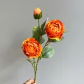 Artificial oil painting peony branch with vibrant orange flowers and green leaves - Orange