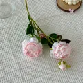 Artificial pink peony silk flower branch with two large blooms and one small bud for home - Light Pink