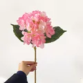 Single realistic pink hydrangea stem with gradient petals and green leaves - Deep Pink