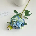 Artificial blue oil painting peony with one bloom and one bud in a white vase - Blue