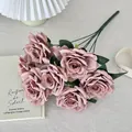 Boeket van kunstmatige rozen in oudroze met 7 vintage bloemhoofden en groene bladeren - Donker Koffie