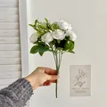 Elegant white silk rose bouquet with green leaves for wedding and home decoration - White