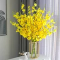 Yellow artificial orchid in a modern gold hollow metal frame glass vase centerpiece - Short Dancing Orchid (10 Stems) + Lantern Vase Set