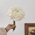Hand-held bouquet of 5 white artificial moisture-feel roses for home decor and wedding - White