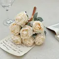 Artificial champagne roses bouquet with seven stems and raffia wrap for home decor - White
