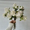 Faux cream white burnt edge roses bouquet with 11 silk heads for wedding decor - White