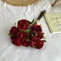 Bouquet of 13 vintage red silk roses with realistic burnt edges for home decor - Red
