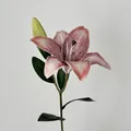 Single lifelike pink 3D lily branch with an open flower and a green bud for home decor - Brown