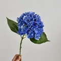 Single stem blue 3D moist artificial hydrangea flower with realistic green leaves - Dark Blue